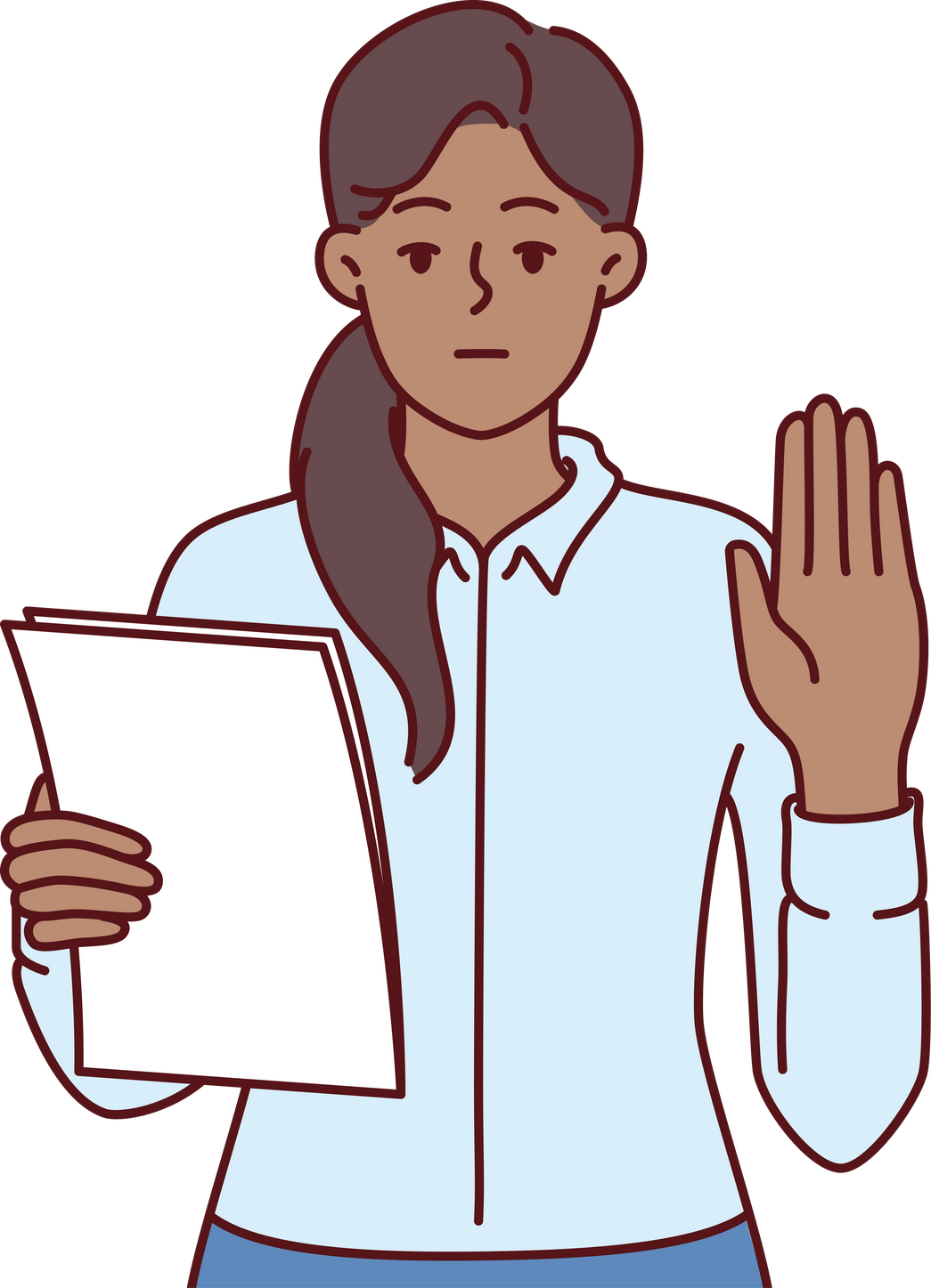 Woman makes solemn oath holding documents with text inauguration and showing palm as sign sincerity