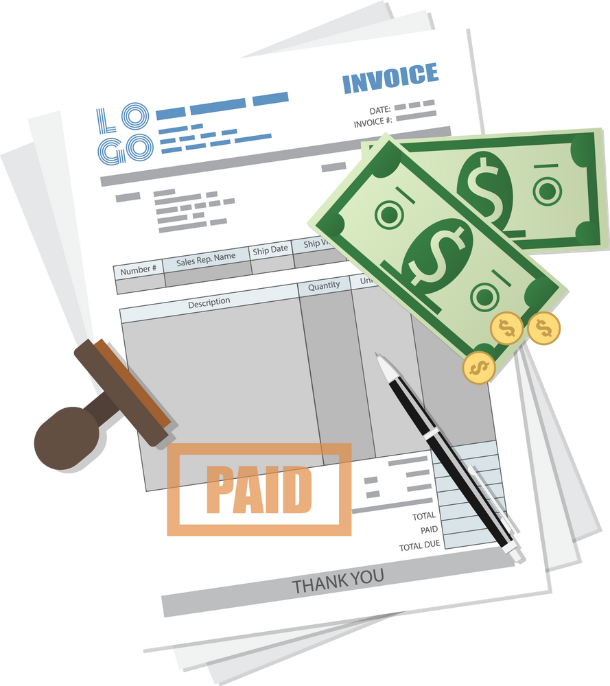 Paper Invoice Form, Paid Stamp, Pen, Cash Money