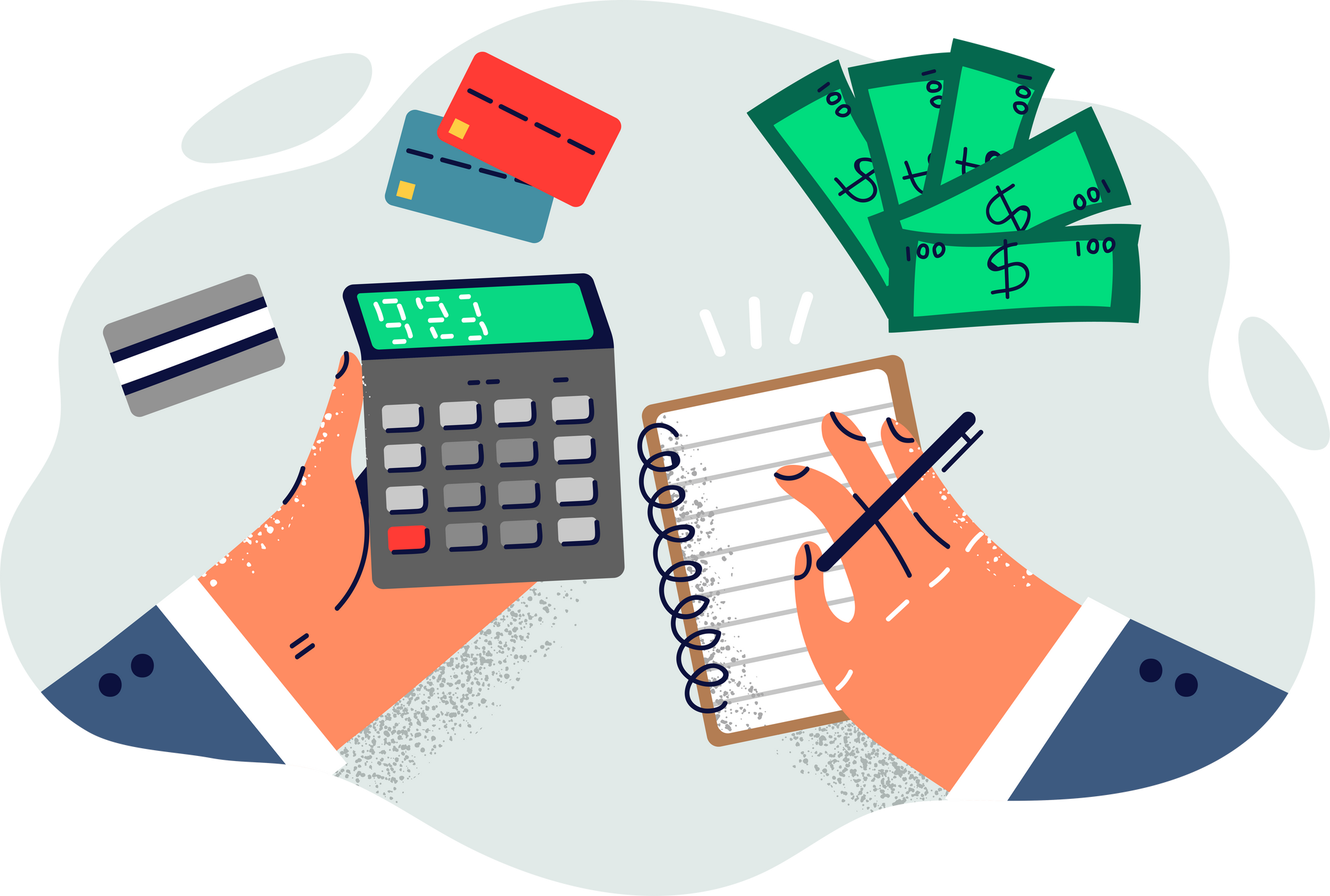 Accountant desktop with calculator in hands and notepad for recording expenses or income near cash