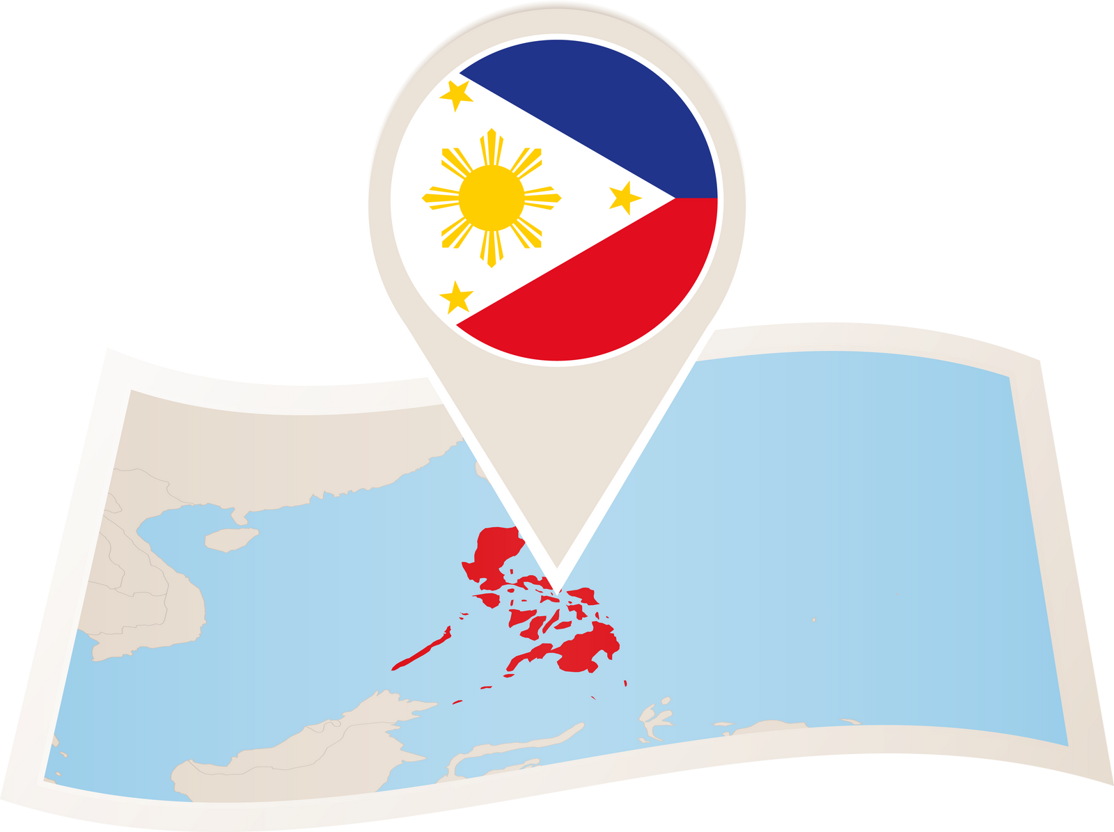 Folded paper map of Philippines with flag pin of Philippines.
