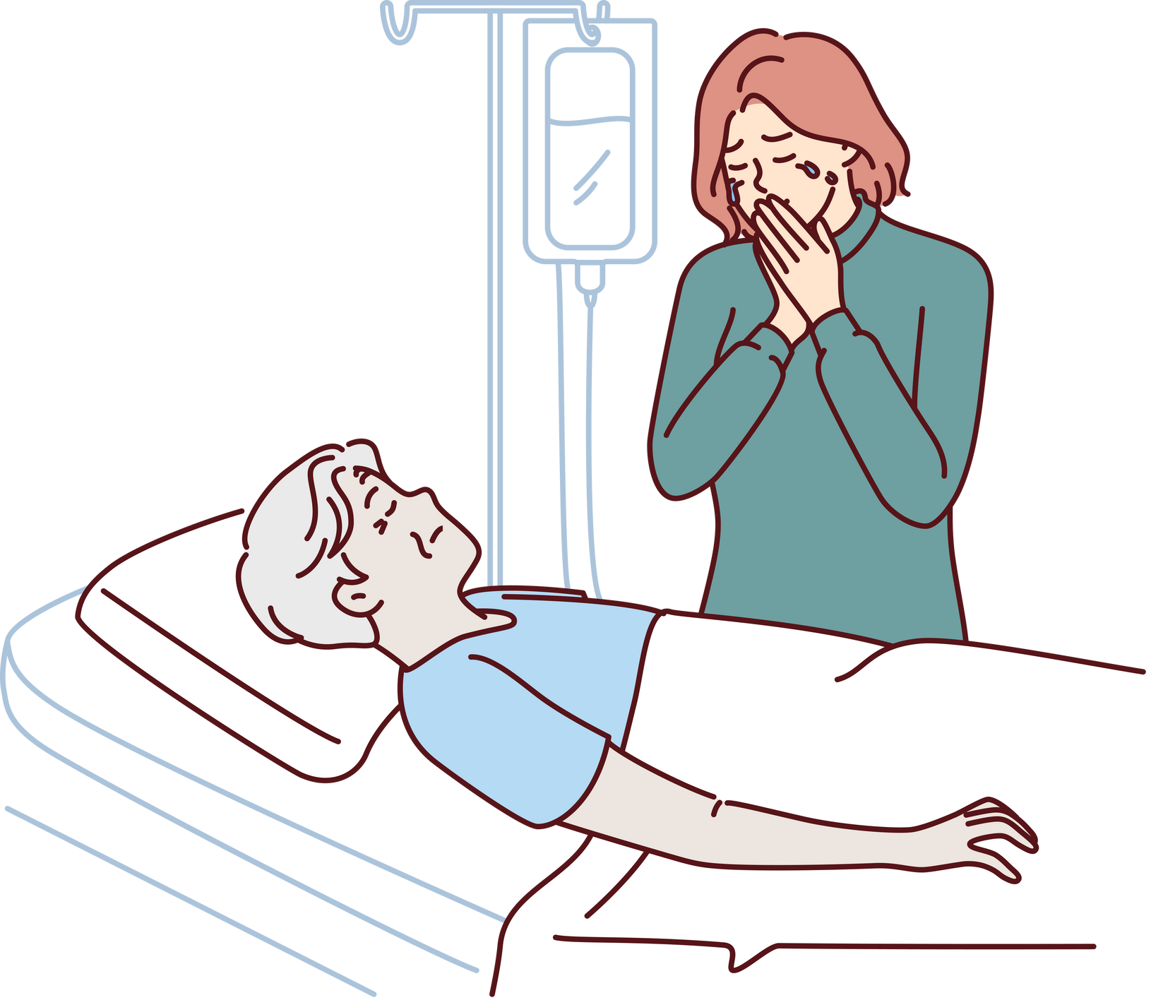 Crying woman stands near hospital bed with terminally sick father in need of expensive operation